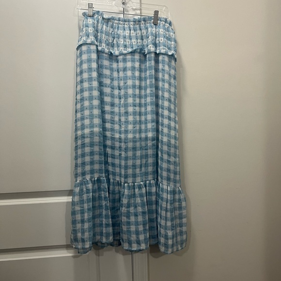 NEW Topshop Blue Gingham Smocked Tiered Midi Skirt Size 10 US $68 - Picture 2 of 7